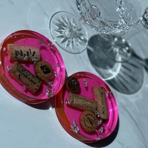 Set of 2 handmade translucent Pink Resin Coasters  Cork Accents and silver leaf